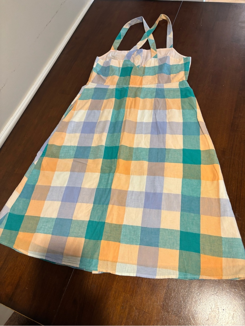 Madewell Button-Front Plaid Sundress in Teal, Peach. Lined. Side pockets - Picture 2 of 6